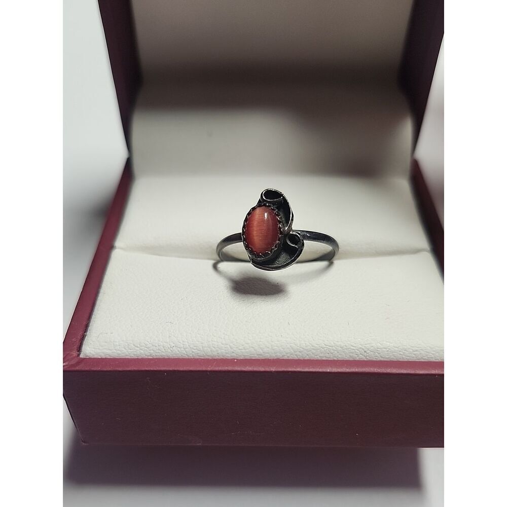 Vintage Sterling Silver Ring with Orange Cat's Eye Stone Size 7.5